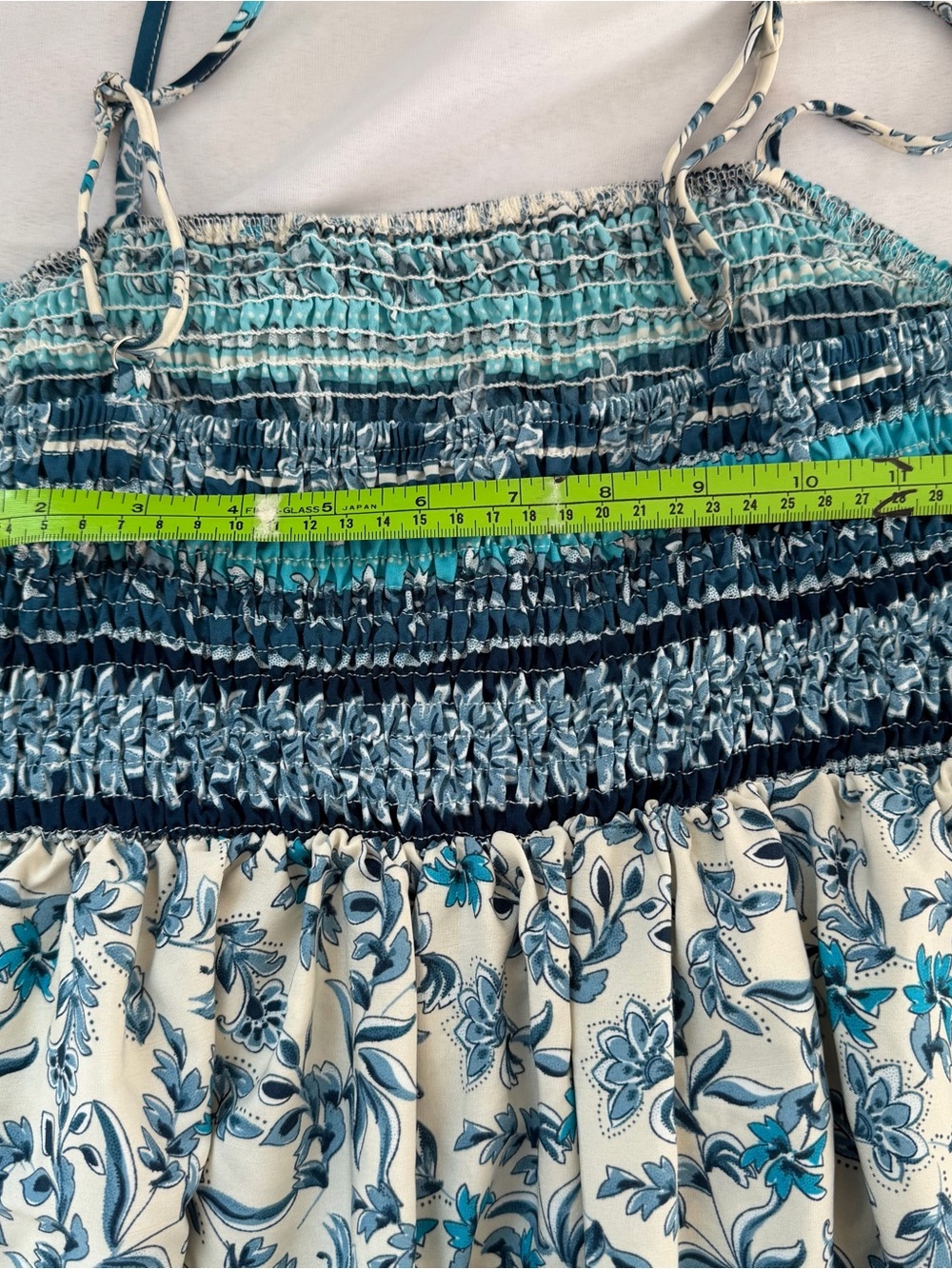 Boho Smocked Maxi Dress Blue Floral Satin Spaghetti Strap Medium Cottagecore - Picture 7 of 11